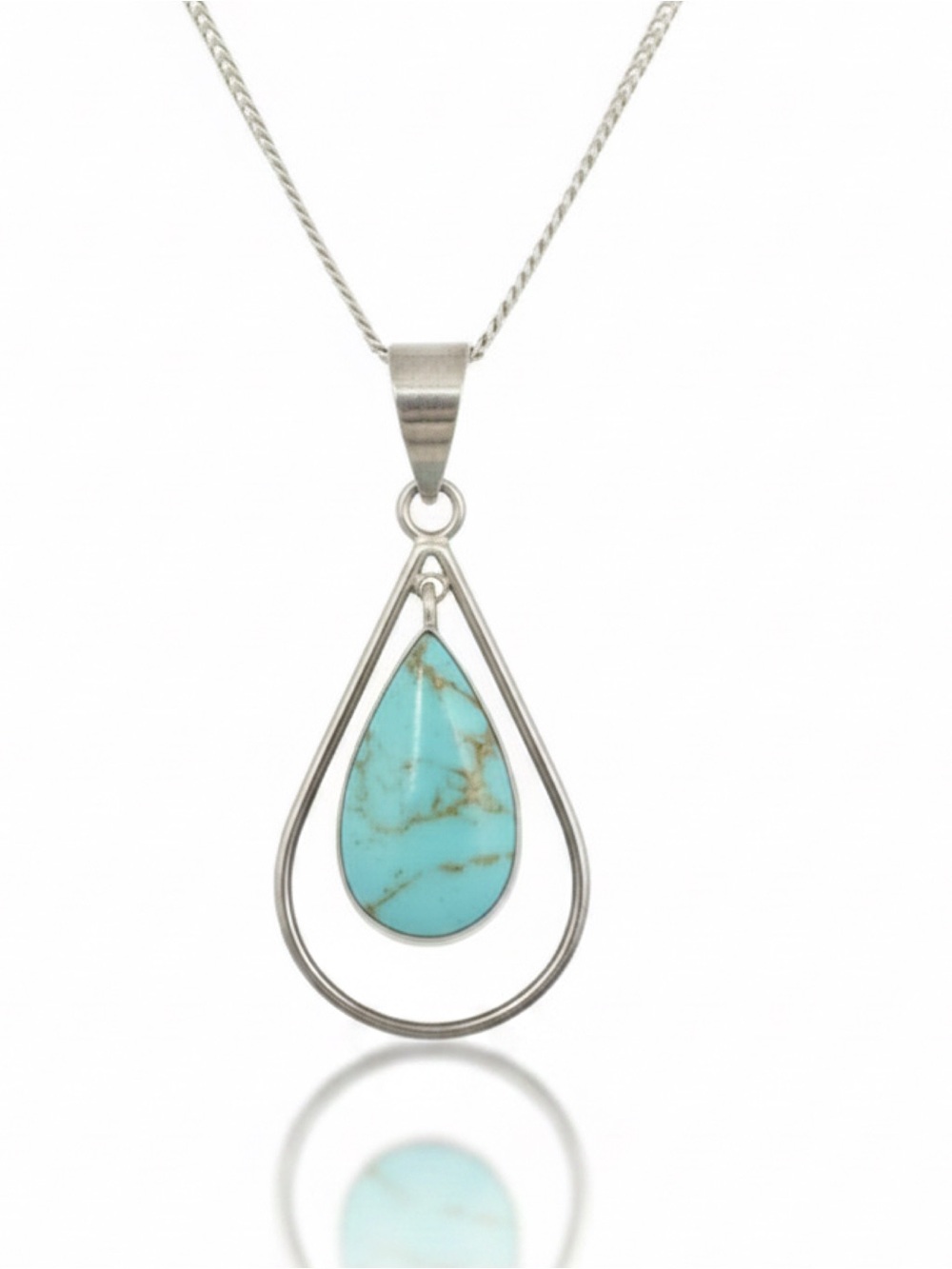 Vintage Mexican 950 Fine Silver Turquoise Teardrop Necklace
